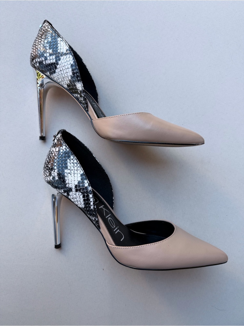 Chrome Heels Calvin Klein Sebrina Pumps Nude Leather Snake Print Stilettos - Picture 4 of 10